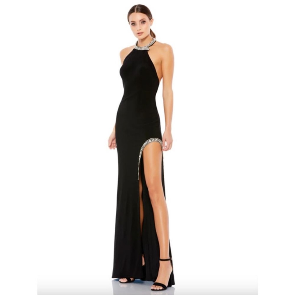 MAC DUGGAL Dress Size 4 Evening Gown Black Slit High Neck NEW Rhinestone Gems